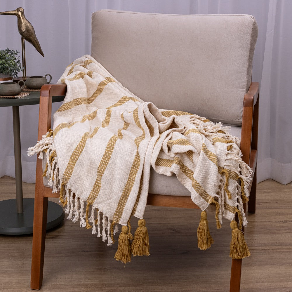Manta Boho em algodão 1,20 x 1,80  - Mostarda