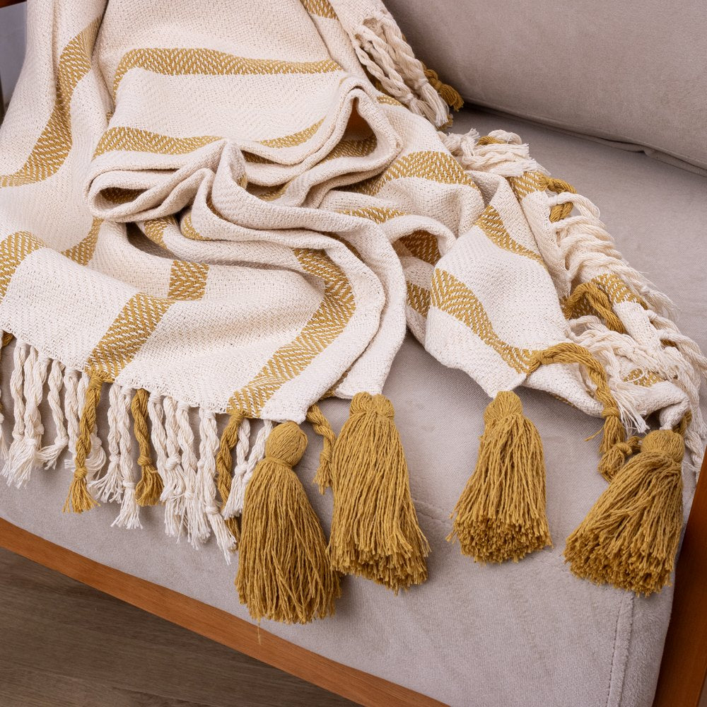 Manta Boho em algodão 1,20 x 1,80  - Mostarda