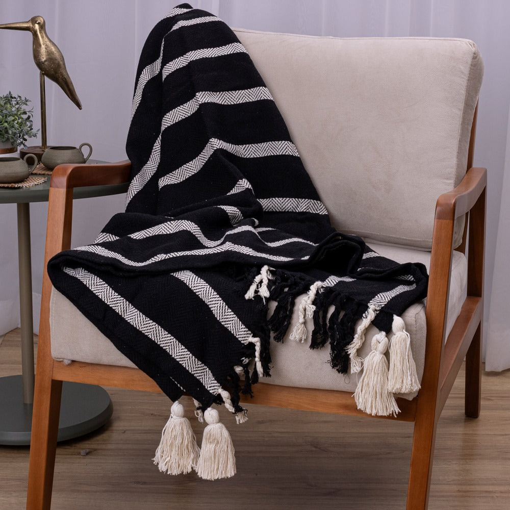 Manta Boho em algodão 1,20 x 1,80  - Preta